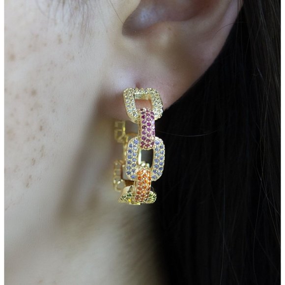 Diamond Pave Chain Link Hoop Earrings, Pave Cuban Link Hoop Earrings - Picture 2 of 5